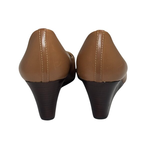 Tory Burch Womens 7.5 Pacey Wedge Pump Shoe Cap Toe Tan Leather - Picture 9 of 11